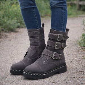 Vince Camuto Bobette Motto Bike Combat Studded Rhinestone Boots Size 6.5